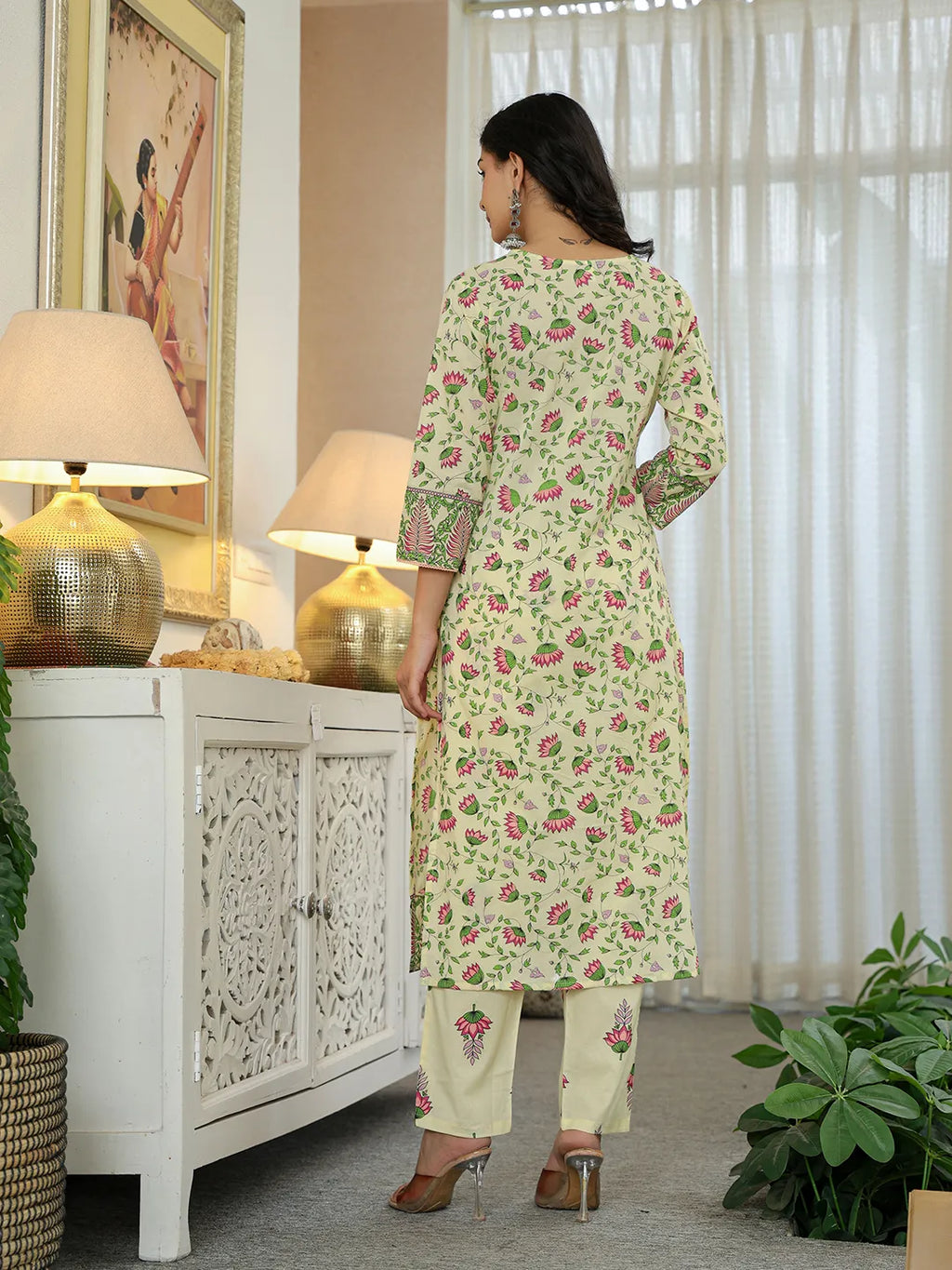 Yufta Yellow Cotton Straight Floral Print Kurta Dupatta Set | Grocsy