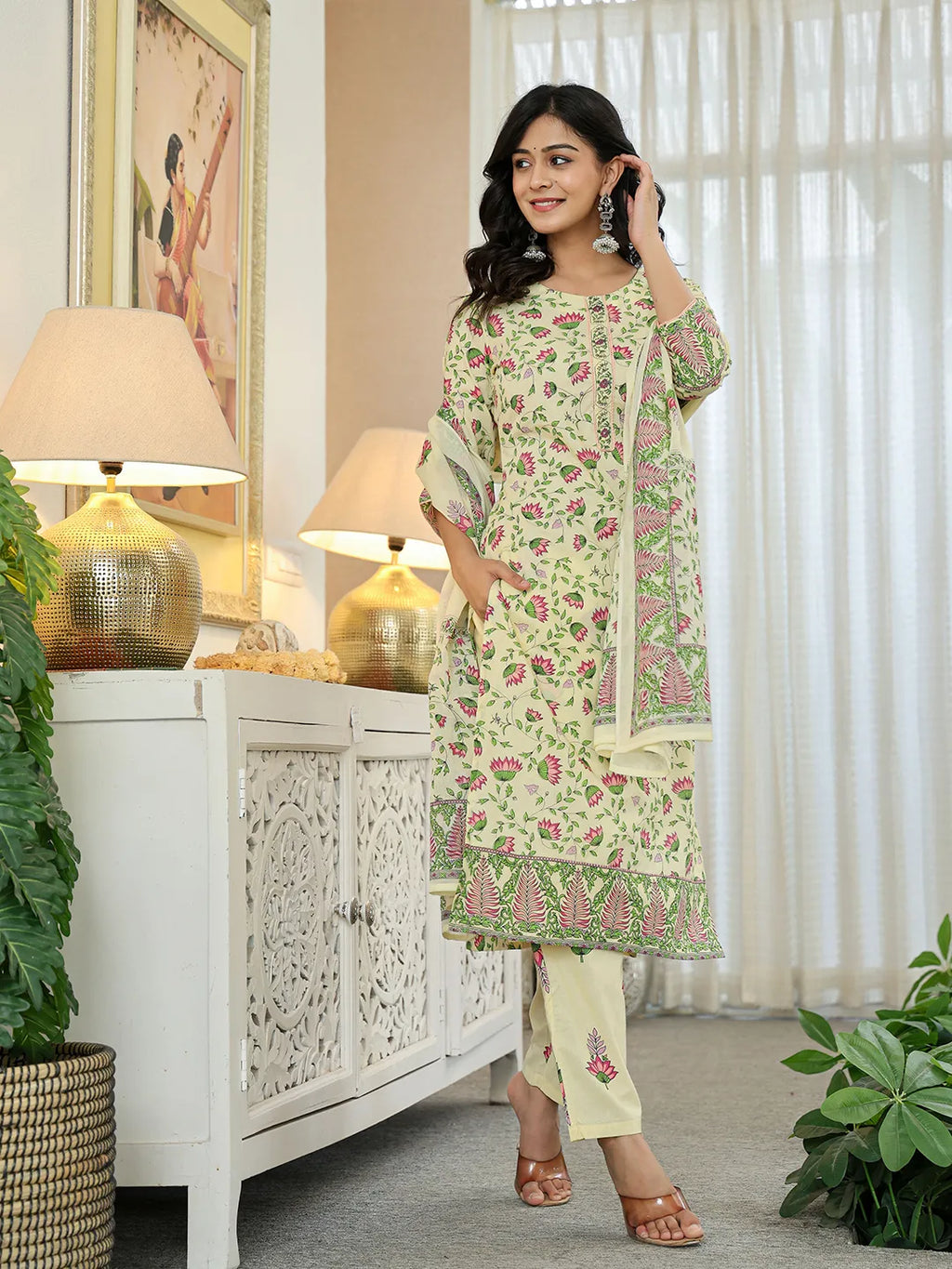 Yufta Yellow Cotton Straight Floral Print Kurta Dupatta Set | Grocsy