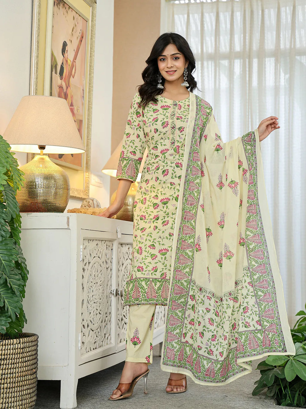 Yufta Yellow Cotton Straight Floral Print Kurta Dupatta Set | Grocsy