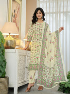 Yufta Yellow Cotton Straight Floral Print Kurta Dupatta Set | Grocsy