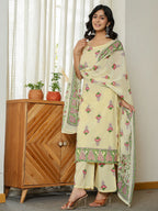 Yufta Yellow Cotton Straight Sleeveless Strappy Kurta Dupatta Set | Grocsy