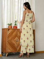 Yufta Yellow Cotton Straight Sleeveless Strappy Kurta Dupatta Set | Grocsy