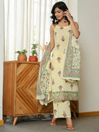 Yufta Yellow Cotton Straight Sleeveless Strappy Kurta Dupatta Set | Grocsy