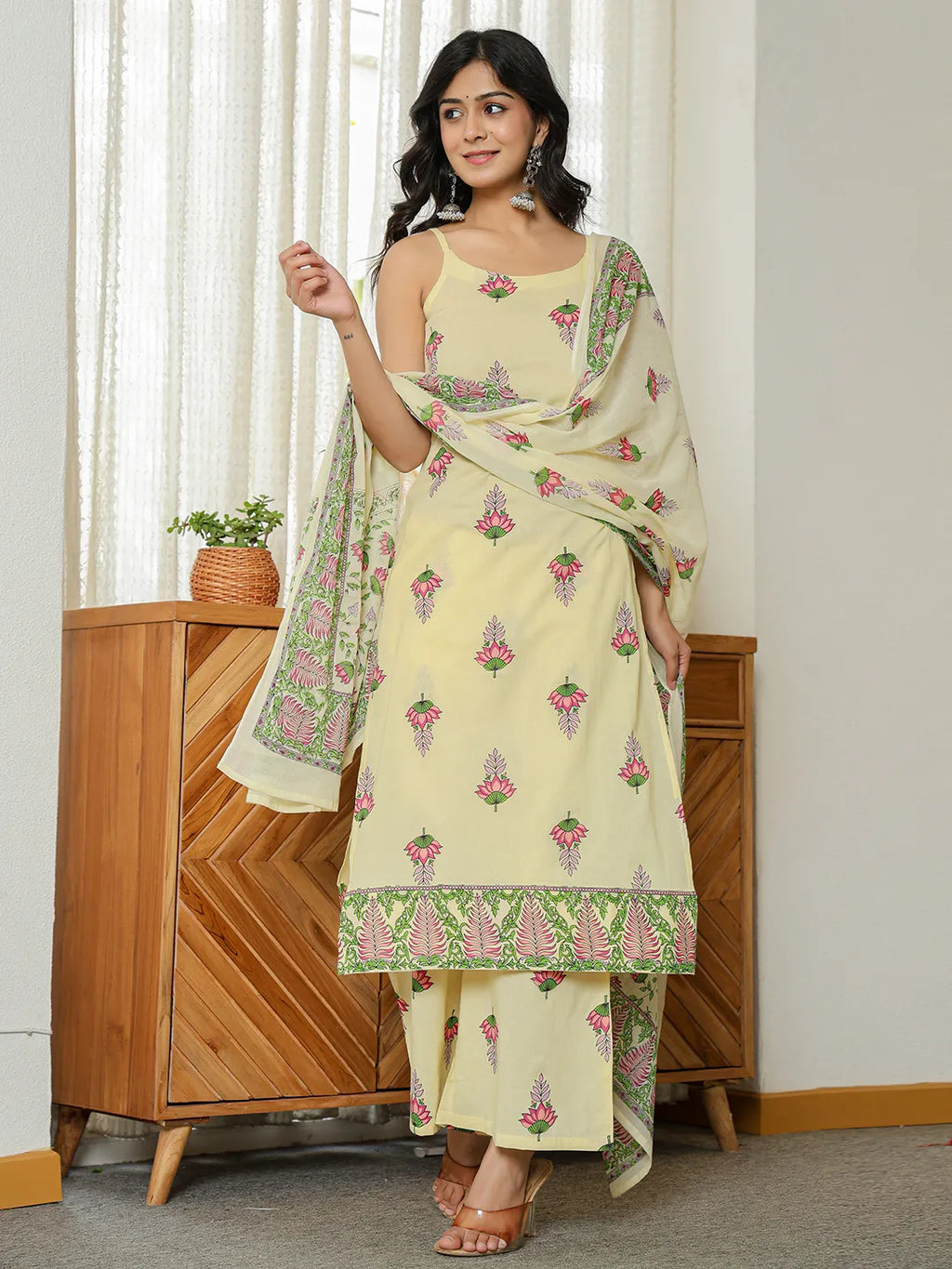 Yufta Yellow Cotton Straight Sleeveless Strappy Kurta Dupatta Set | Grocsy