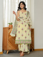 Yufta Yellow Cotton Straight Sleeveless Strappy Kurta Dupatta Set | Grocsy