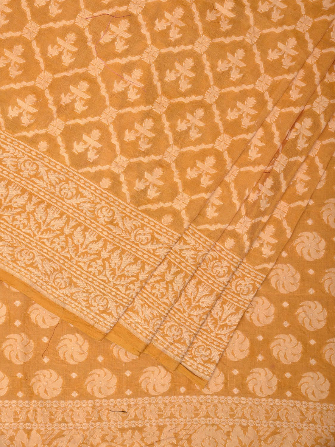 Yellow Cut Work Tussar Cotton Handloom Saree with All Over Jamdani Style Design - Global Threads | Grocsy