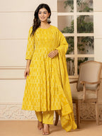 Yufta Yellow Embroidered Pure Cotton Anarkali Kurta Trouser With Dupatta Set | Grocsy