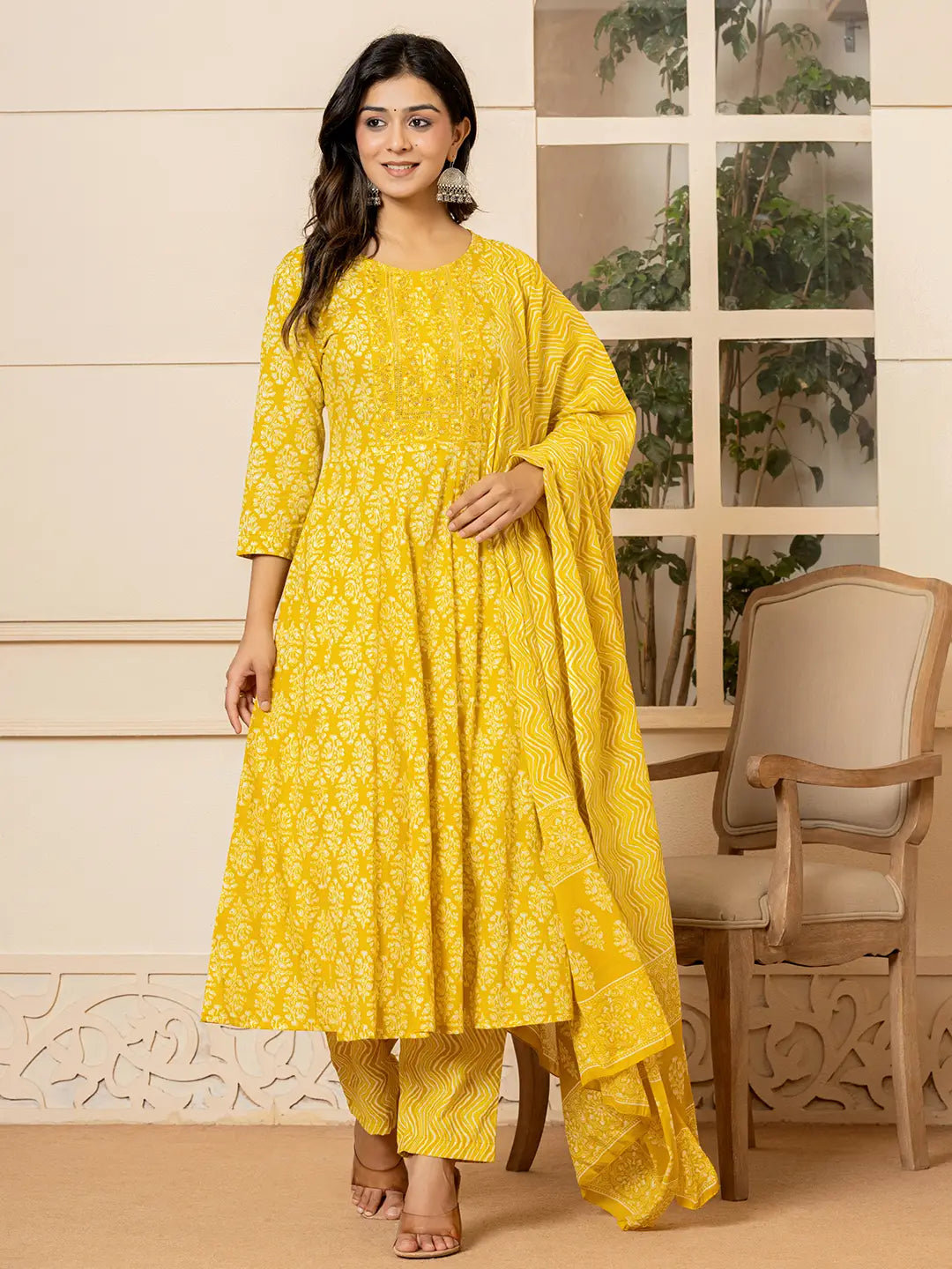 Yufta Yellow Embroidered Pure Cotton Anarkali Kurta Trouser With Dupatta Set | Grocsy