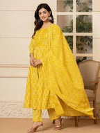 Yufta Yellow Embroidered Pure Cotton Anarkali Kurta Trouser With Dupatta Set | Grocsy
