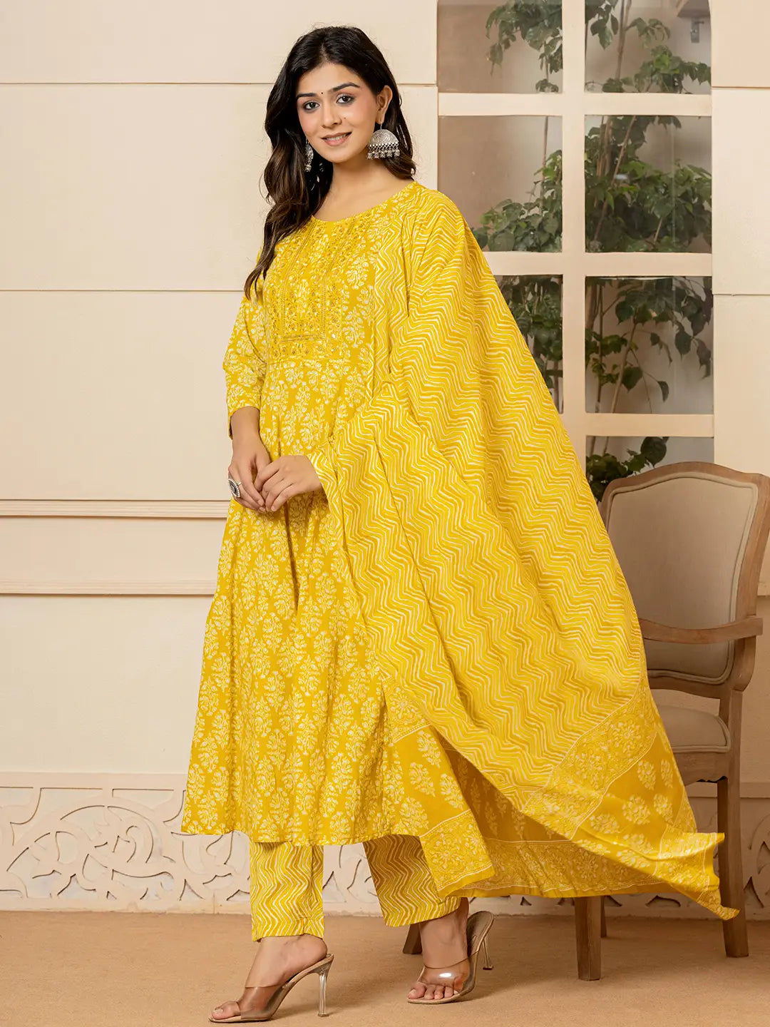 Yufta Yellow Embroidered Pure Cotton Anarkali Kurta Trouser With Dupatta Set | Grocsy