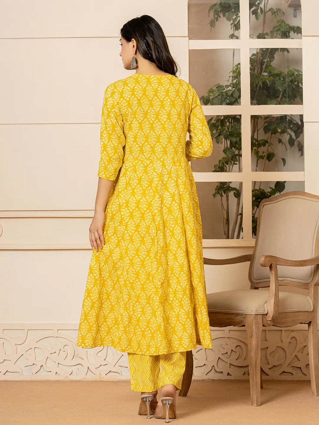 Yufta Yellow Embroidered Pure Cotton Anarkali Kurta Trouser With Dupatta Set | Grocsy