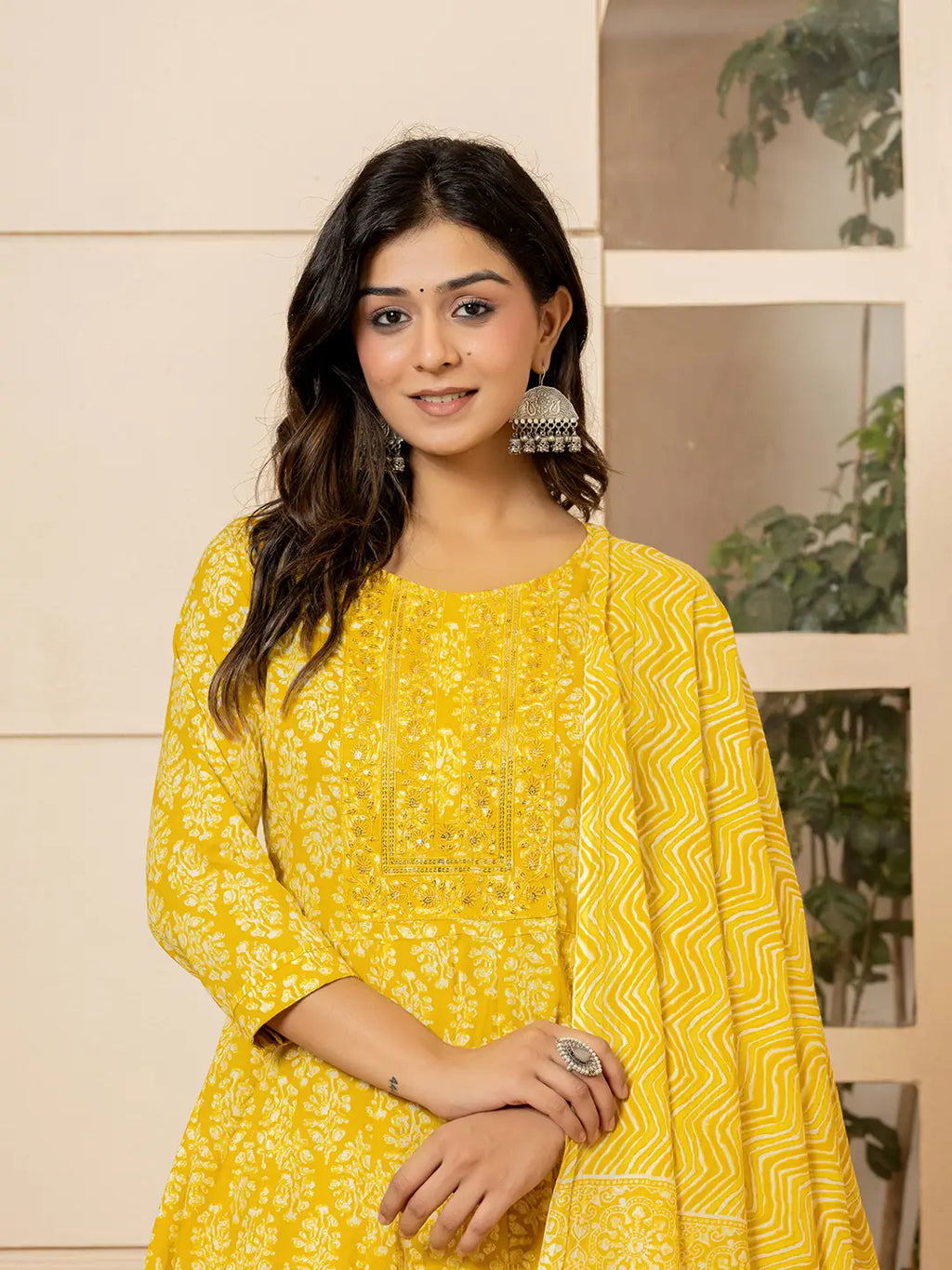 Yufta Yellow Embroidered Pure Cotton Anarkali Kurta Trouser With Dupatta Set | Grocsy