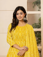 Yufta Yellow Embroidered Pure Cotton Anarkali Kurta Trouser With Dupatta Set | Grocsy