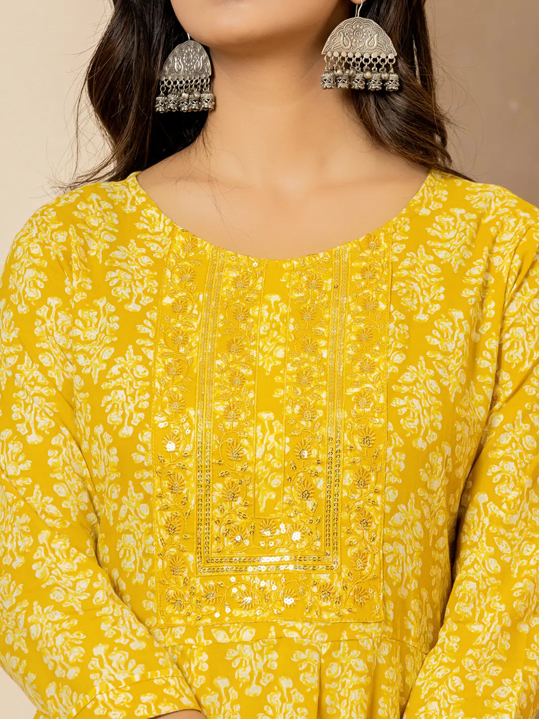 Yufta Yellow Embroidered Pure Cotton Anarkali Kurta Trouser With Dupatta Set | Grocsy