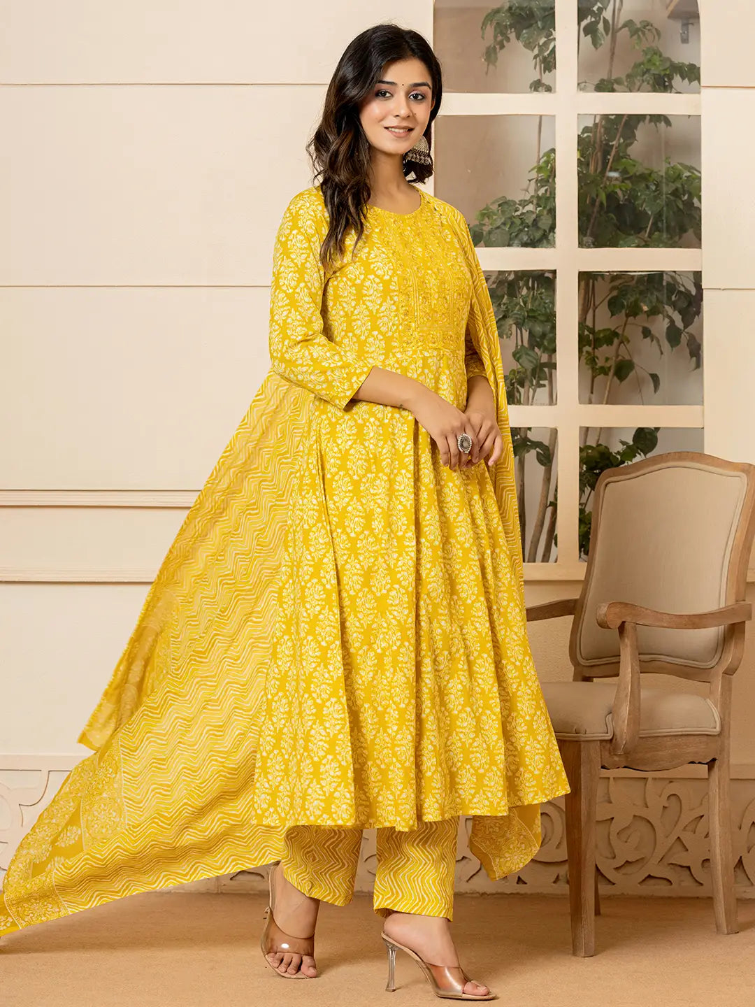 Yufta Yellow Embroidered Pure Cotton Anarkali Kurta Trouser With Dupatta Set | Grocsy