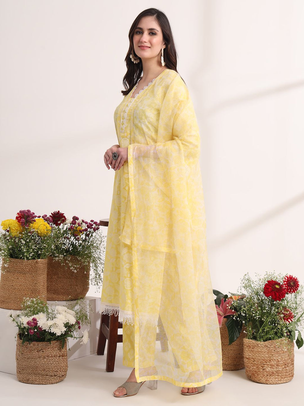 Yufta Yellow Floral Lace Work Straight Kurta Pant Dupatta Set | Grocsy