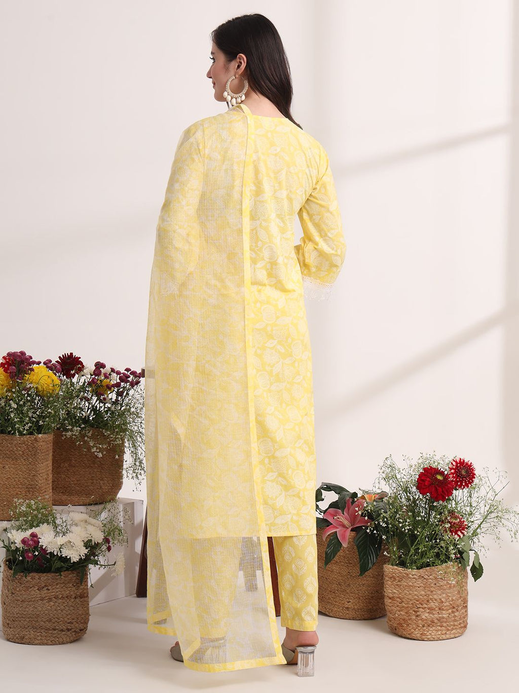 Yufta Yellow Floral Lace Work Straight Kurta Pant Dupatta Set | Grocsy
