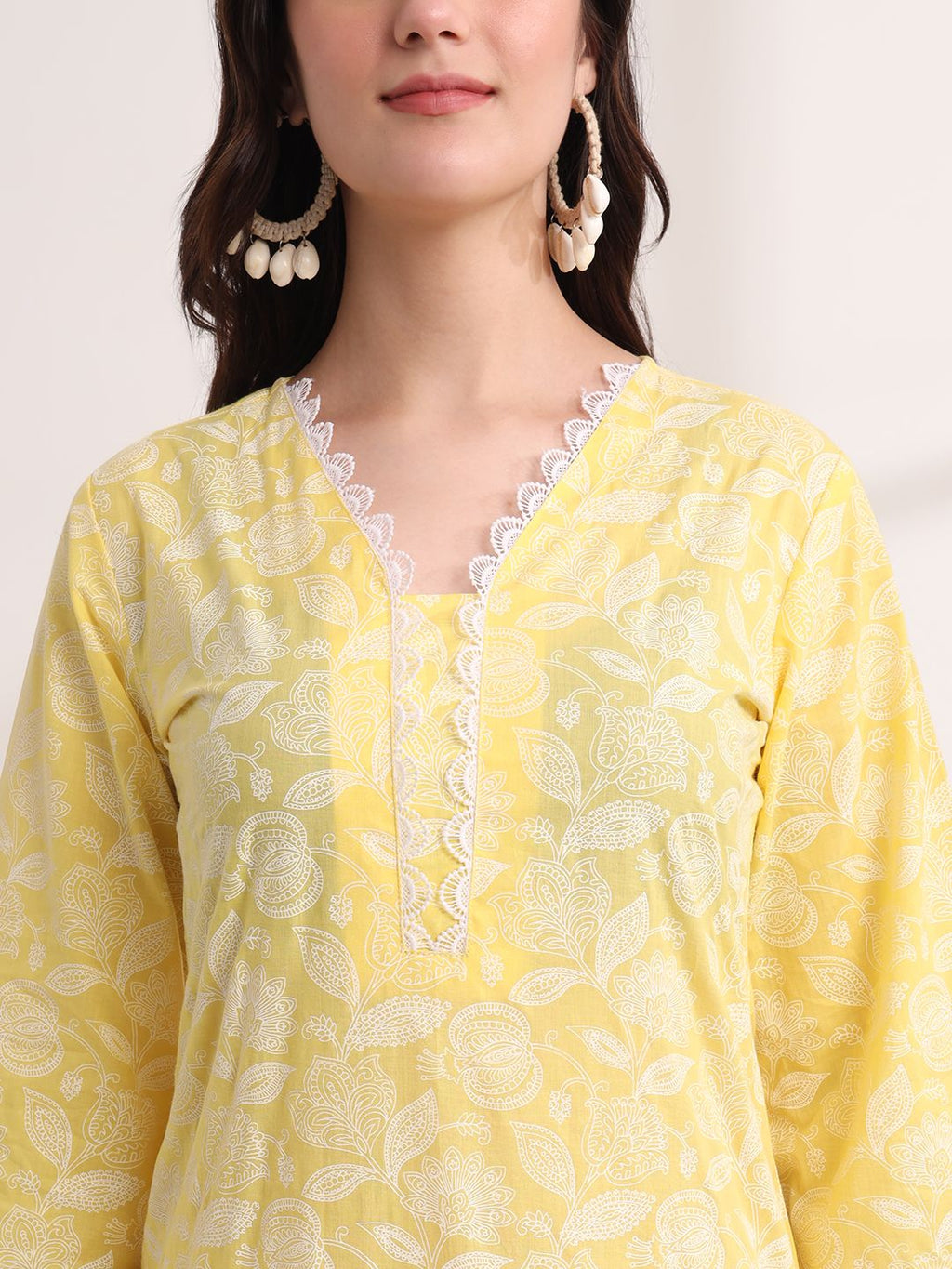 Yufta Yellow Floral Lace Work Straight Kurta Pant Dupatta Set | Grocsy