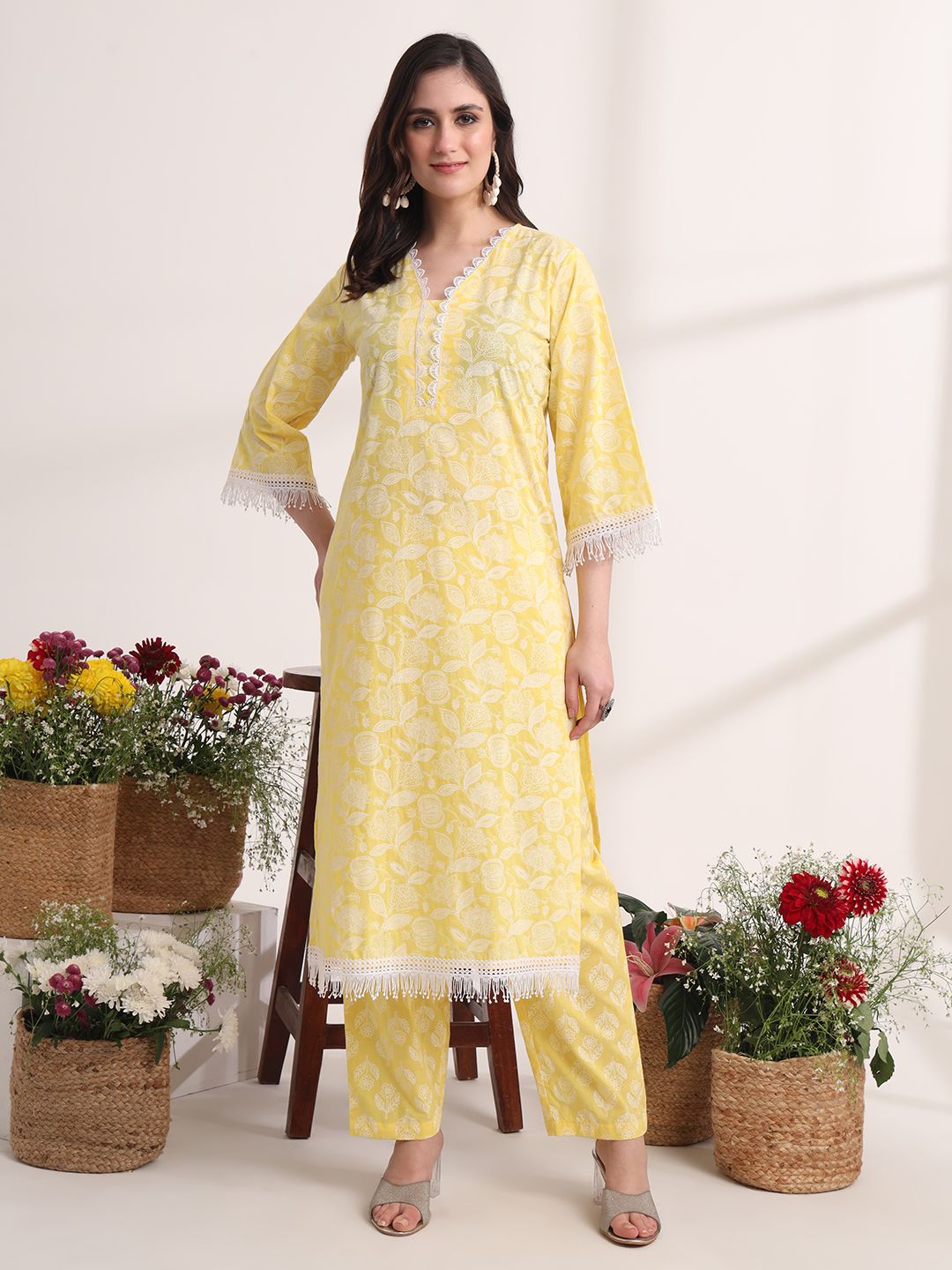 Yufta Yellow Floral Lace Work Straight Kurta Pant Dupatta Set | Grocsy