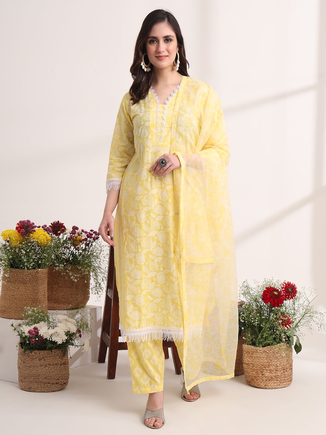 Yufta Yellow Floral Lace Work Straight Kurta Pant Dupatta Set | Grocsy