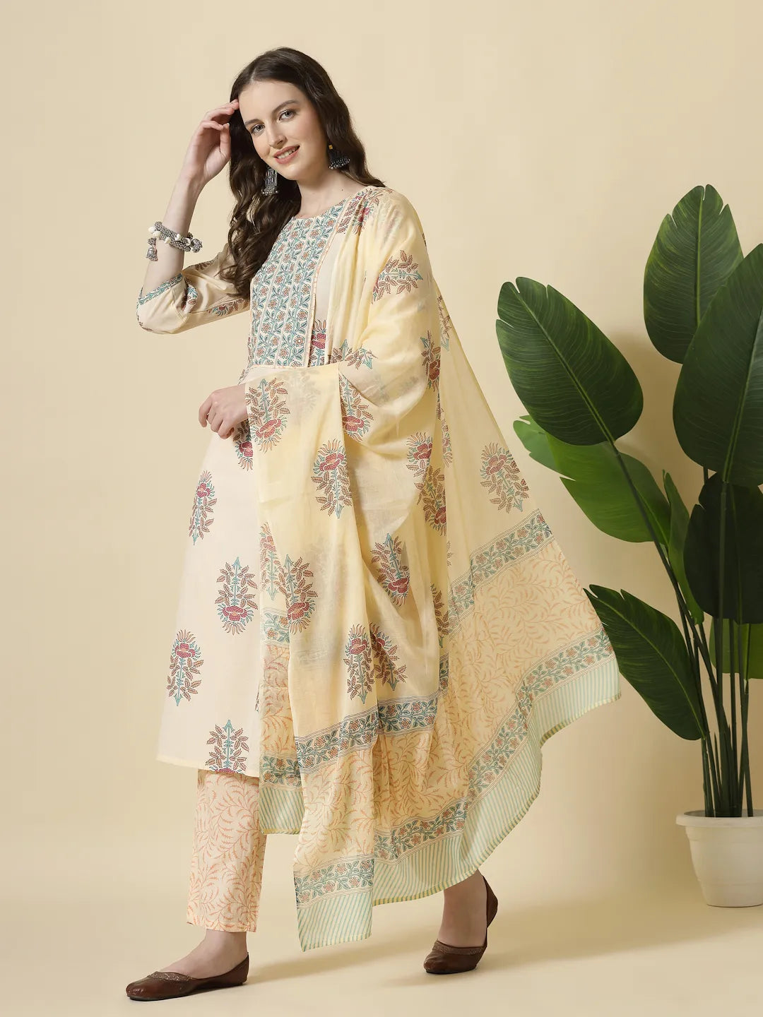 Yufta Yellow Floral Print Cotton Sequins Work Kurta Set With Pant & Dupatta | Grocsy