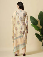 Yufta Yellow Floral Print Cotton Sequins Work Kurta Set With Pant & Dupatta | Grocsy