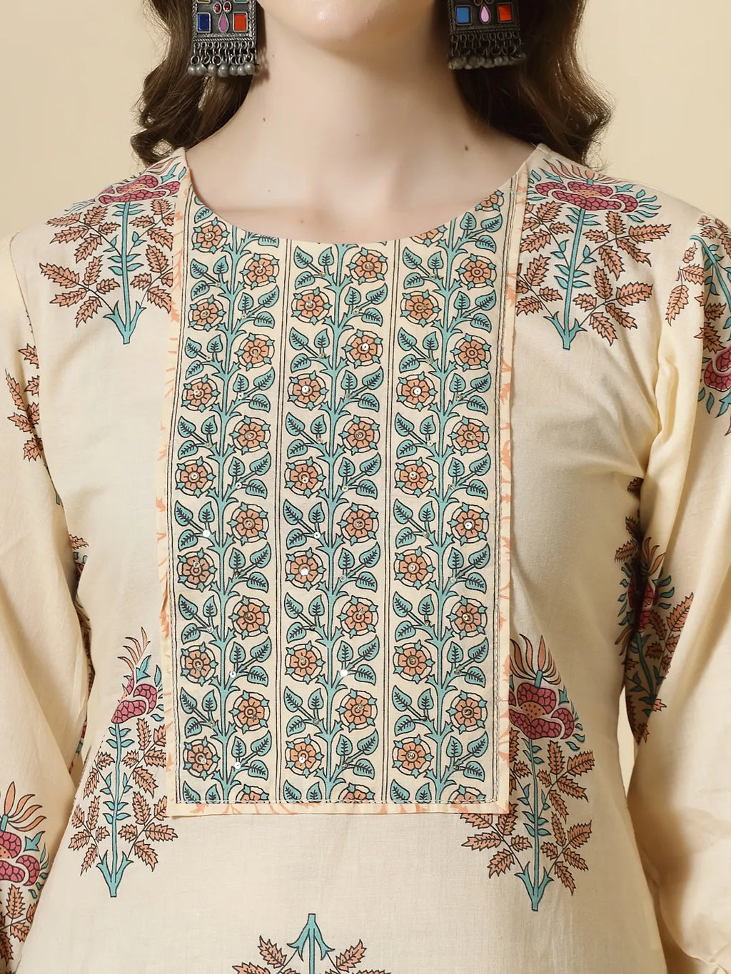 Yufta Yellow Floral Print Cotton Sequins Work Kurta Set With Pant & Dupatta | Grocsy
