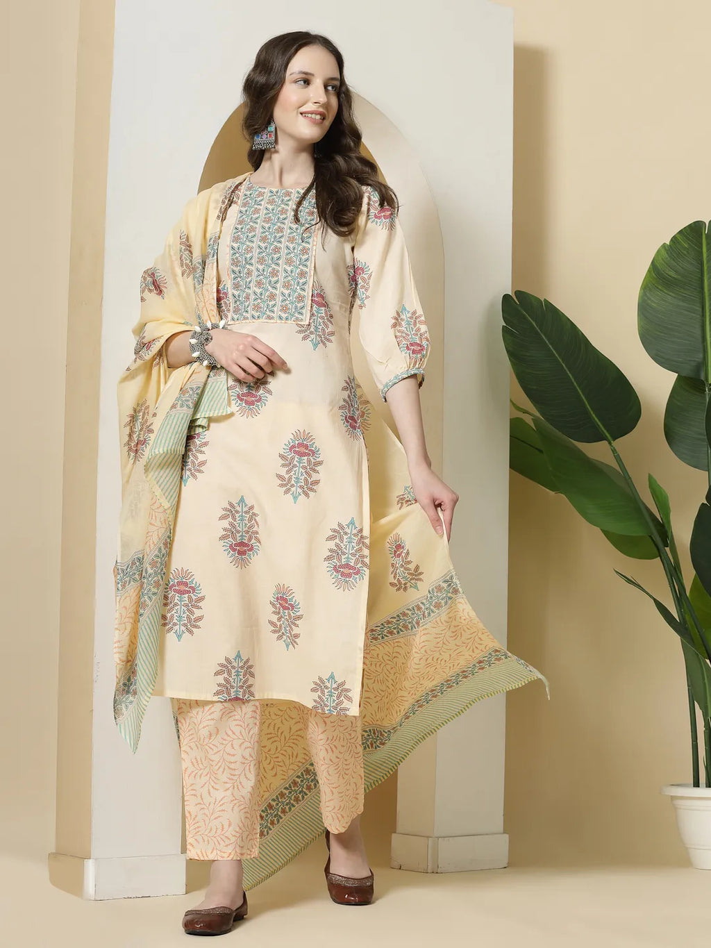 Yufta Yellow Floral Print Cotton Sequins Work Kurta Set With Pant & Dupatta | Grocsy