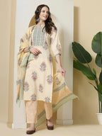 Yufta Yellow Floral Print Cotton Sequins Work Kurta Set With Pant & Dupatta | Grocsy
