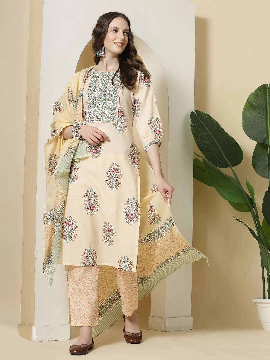 Yufta Yellow Floral Print Cotton Sequins Work Kurta Set With Pant & Dupatta | Grocsy