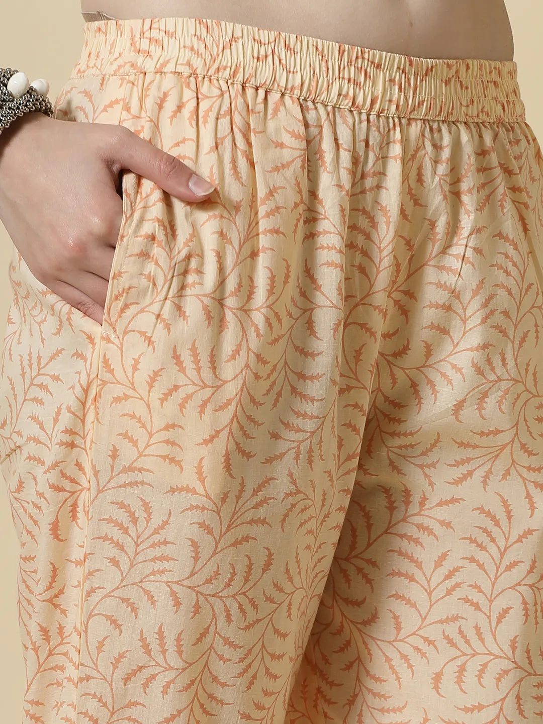 Yufta Yellow Floral Print Cotton Sequins Work Kurta Set With Pant & Dupatta | Grocsy