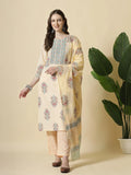 Yufta Yellow Floral Print Cotton Sequins Work Kurta Set With Pant & Dupatta | Grocsy