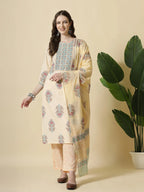 Yufta Yellow Floral Print Cotton Sequins Work Kurta Set With Pant & Dupatta | Grocsy