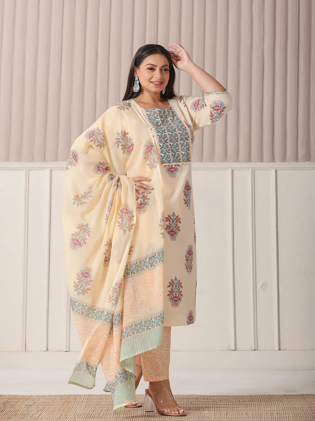 Yufta Yellow Floral Print Cotton Sequins Work Plus Size Kurta Set With Pant & Dupatta | Grocsy