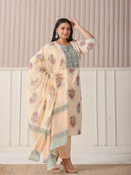 Yufta Yellow Floral Print Cotton Sequins Work Plus Size Kurta Set With Pant & Dupatta | Grocsy