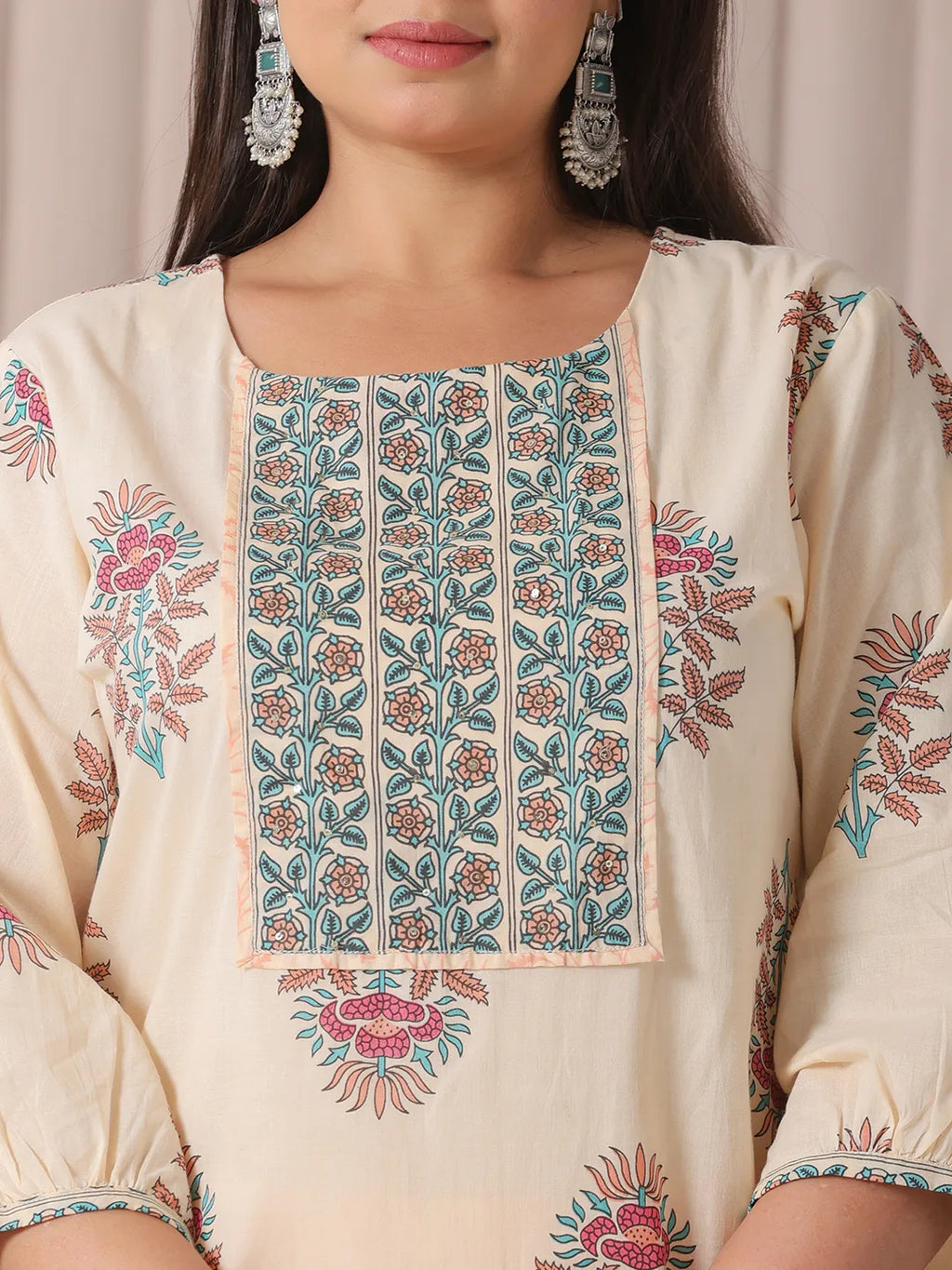 Yufta Yellow Floral Print Cotton Sequins Work Plus Size Kurta Set With Pant & Dupatta | Grocsy