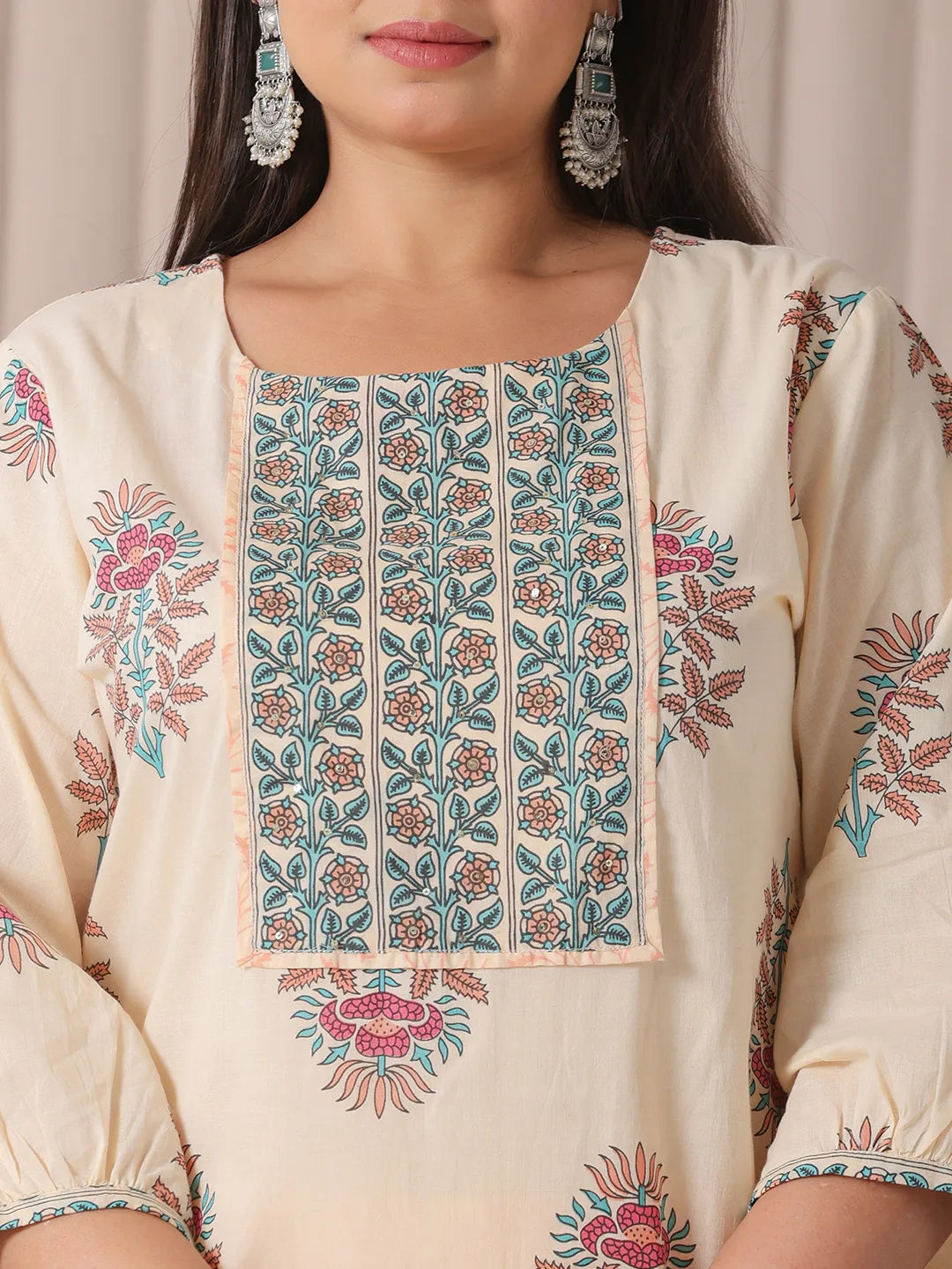 Yufta Yellow Floral Print Cotton Sequins Work Plus Size Kurta Set With Pant & Dupatta | Grocsy
