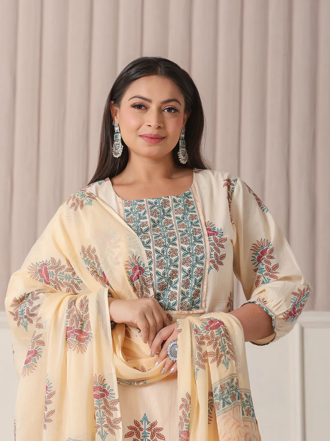 Yufta Yellow Floral Print Cotton Sequins Work Plus Size Kurta Set With Pant & Dupatta | Grocsy