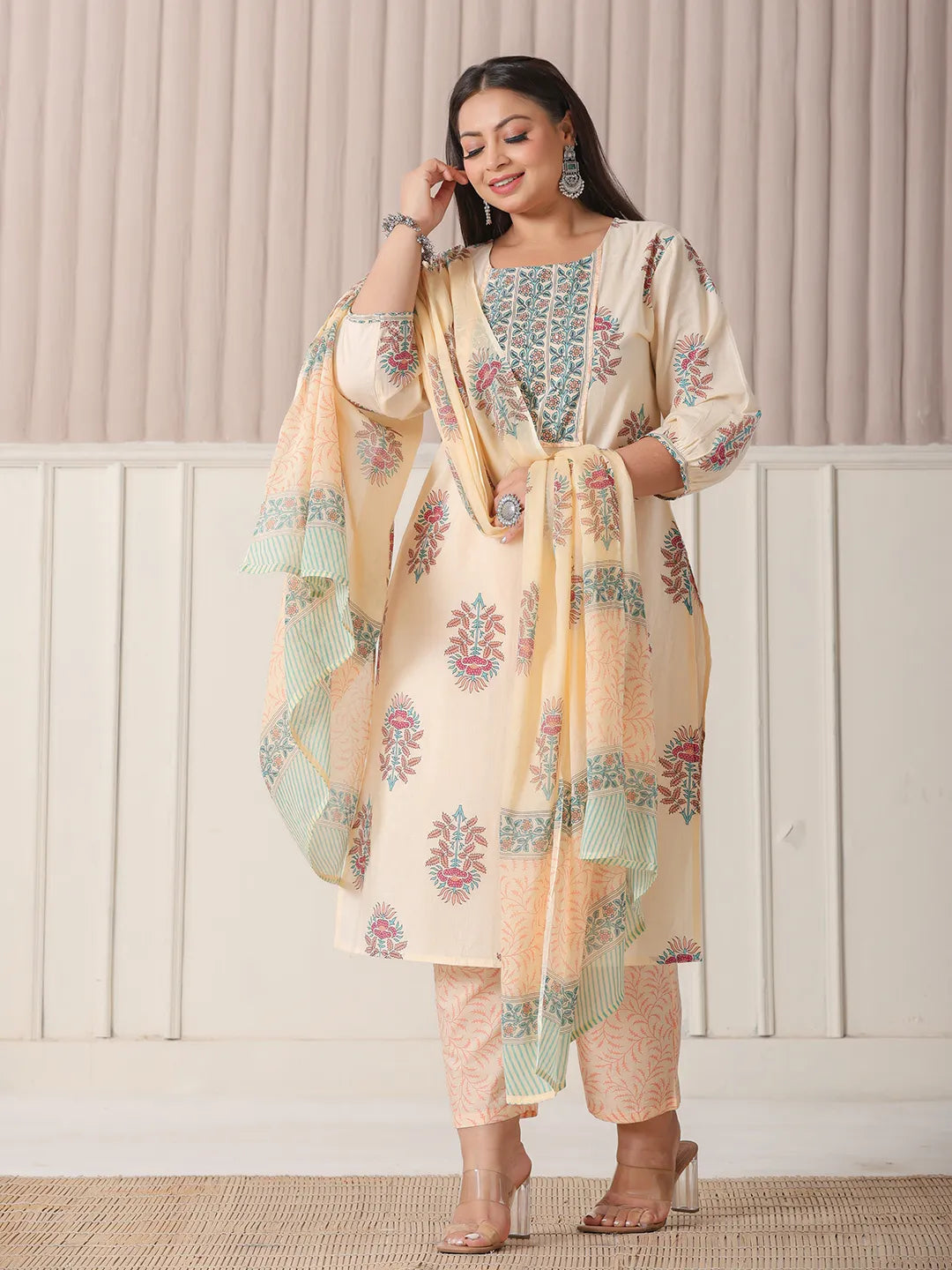 Yufta Yellow Floral Print Cotton Sequins Work Plus Size Kurta Set With Pant & Dupatta | Grocsy