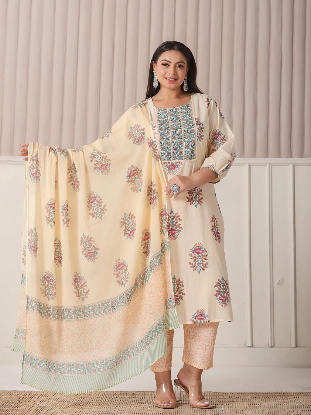 Yufta Yellow Floral Print Cotton Sequins Work Plus Size Kurta Set With Pant & Dupatta | Grocsy