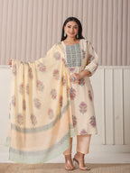 Yufta Yellow Floral Print Cotton Sequins Work Plus Size Kurta Set With Pant & Dupatta | Grocsy