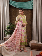 Yufta Yellow Floral Print Pure Cotton Beads Straight Kurta Dupatta Set With Lace Detailing | Grocsy