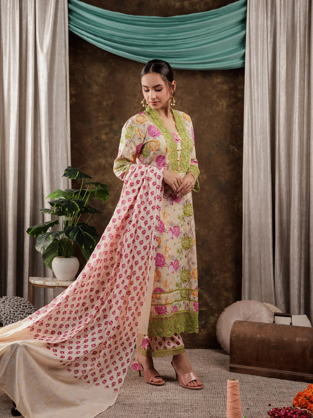 Yufta Yellow Floral Print Pure Cotton Beads Straight Kurta Dupatta Set With Lace Detailing | Grocsy
