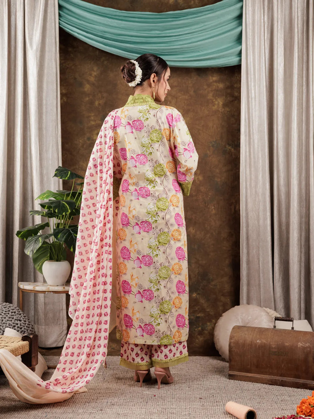 Yufta Yellow Floral Print Pure Cotton Beads Straight Kurta Dupatta Set With Lace Detailing | Grocsy