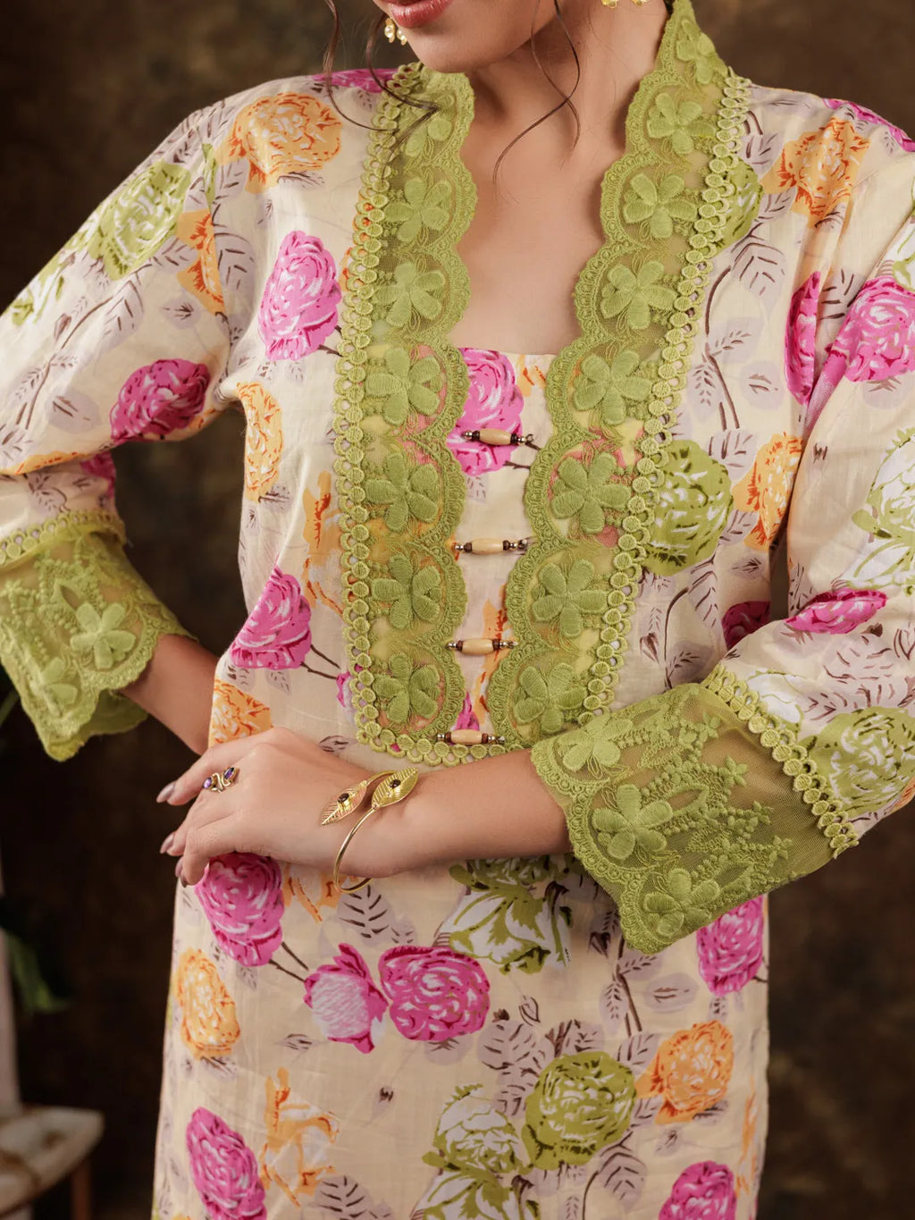 Yufta Yellow Floral Print Pure Cotton Beads Straight Kurta Dupatta Set With Lace Detailing | Grocsy