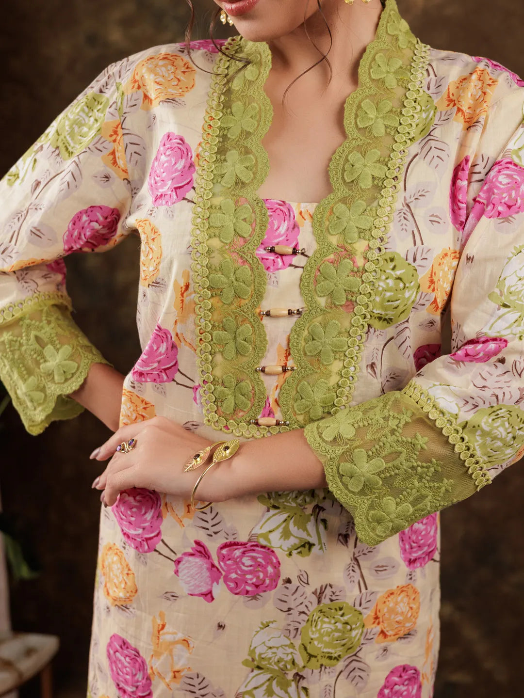 Yufta Yellow Floral Print Pure Cotton Beads Straight Kurta Dupatta Set With Lace Detailing | Grocsy