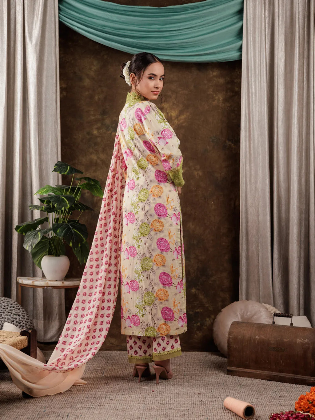 Yufta Yellow Floral Print Pure Cotton Beads Straight Kurta Dupatta Set With Lace Detailing | Grocsy