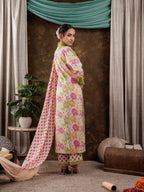 Yufta Yellow Floral Print Pure Cotton Beads Straight Kurta Dupatta Set With Lace Detailing | Grocsy