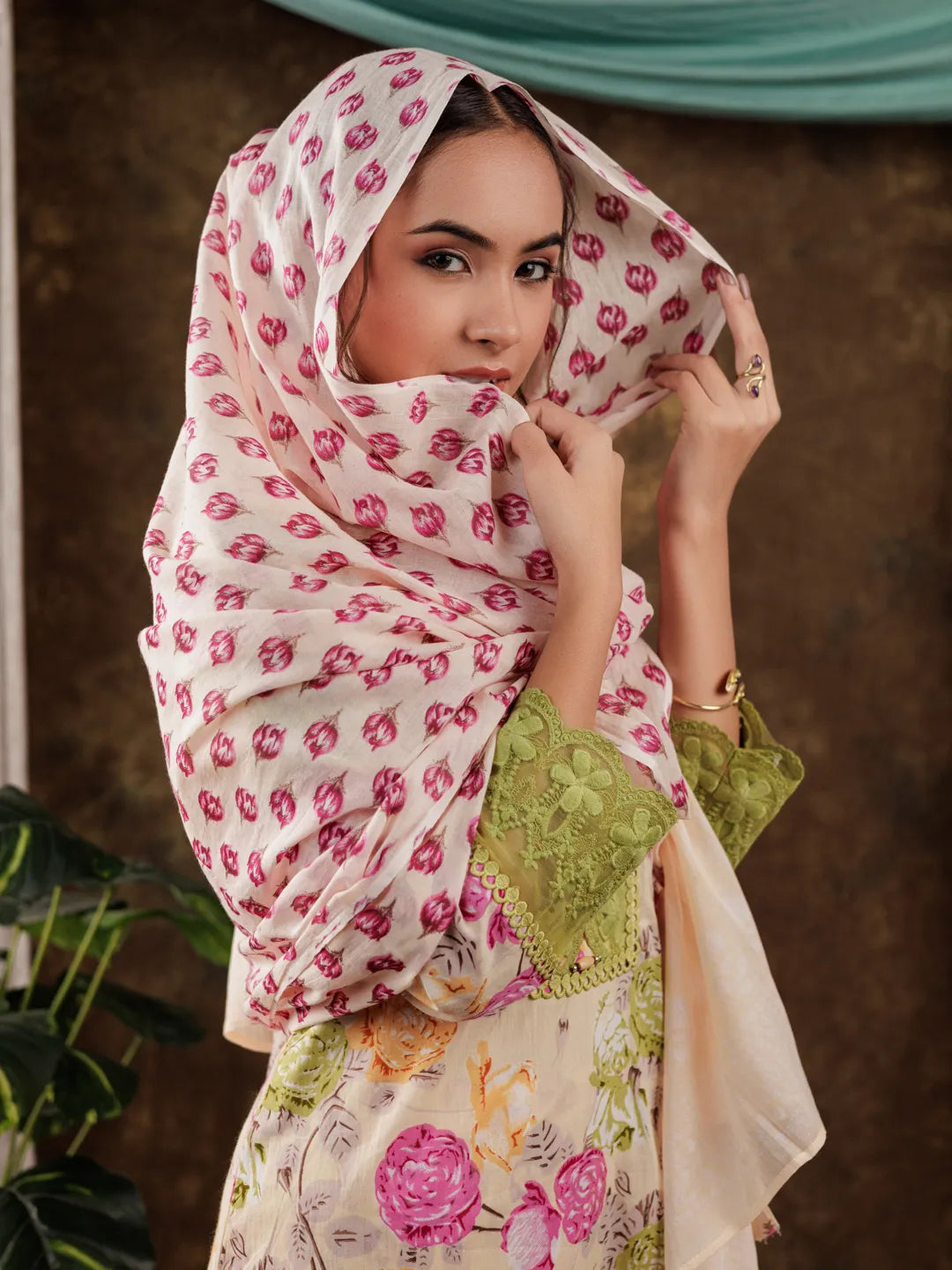 Yufta Yellow Floral Print Pure Cotton Beads Straight Kurta Dupatta Set With Lace Detailing | Grocsy