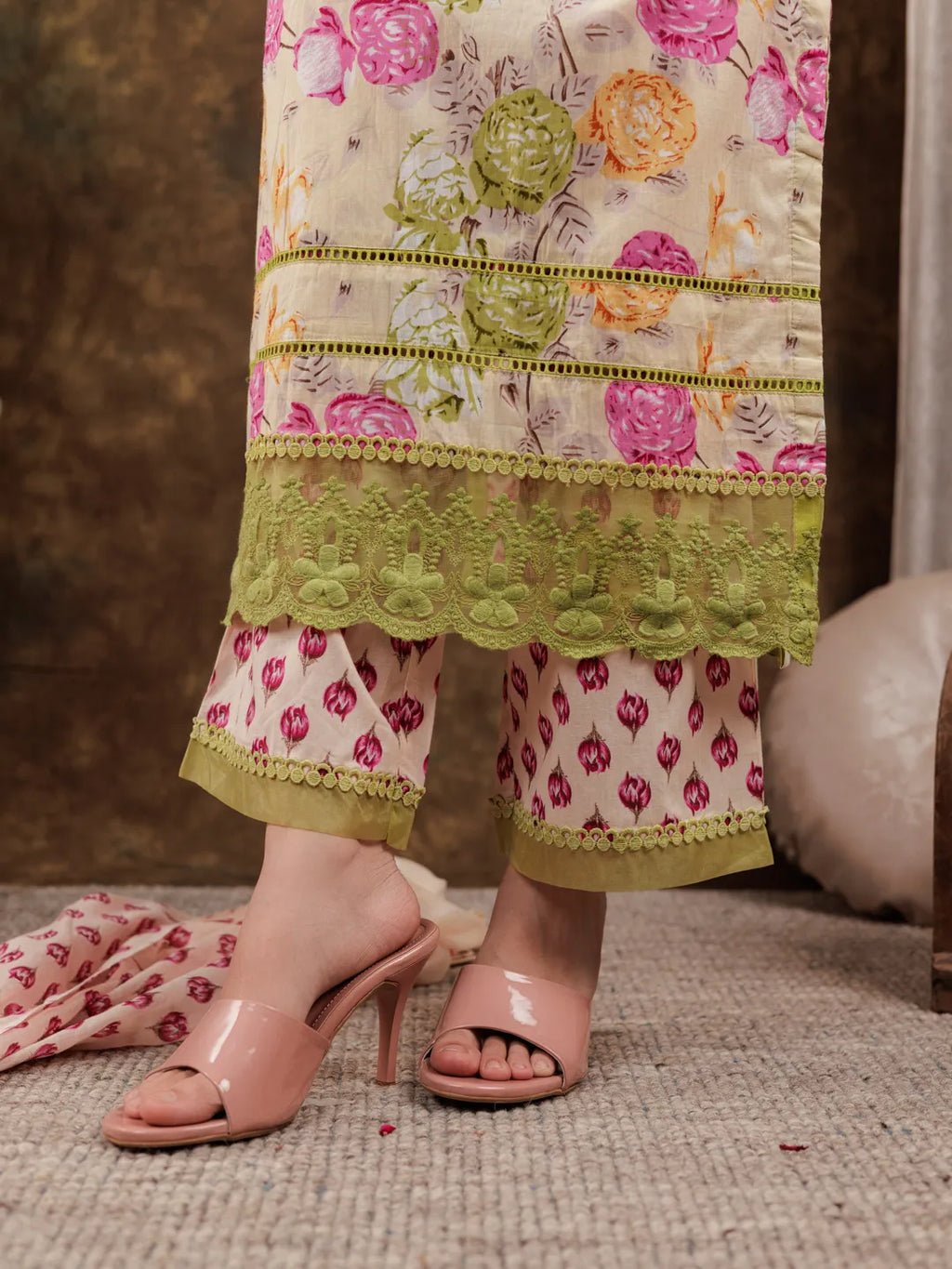 Yufta Yellow Floral Print Pure Cotton Beads Straight Kurta Dupatta Set With Lace Detailing | Grocsy